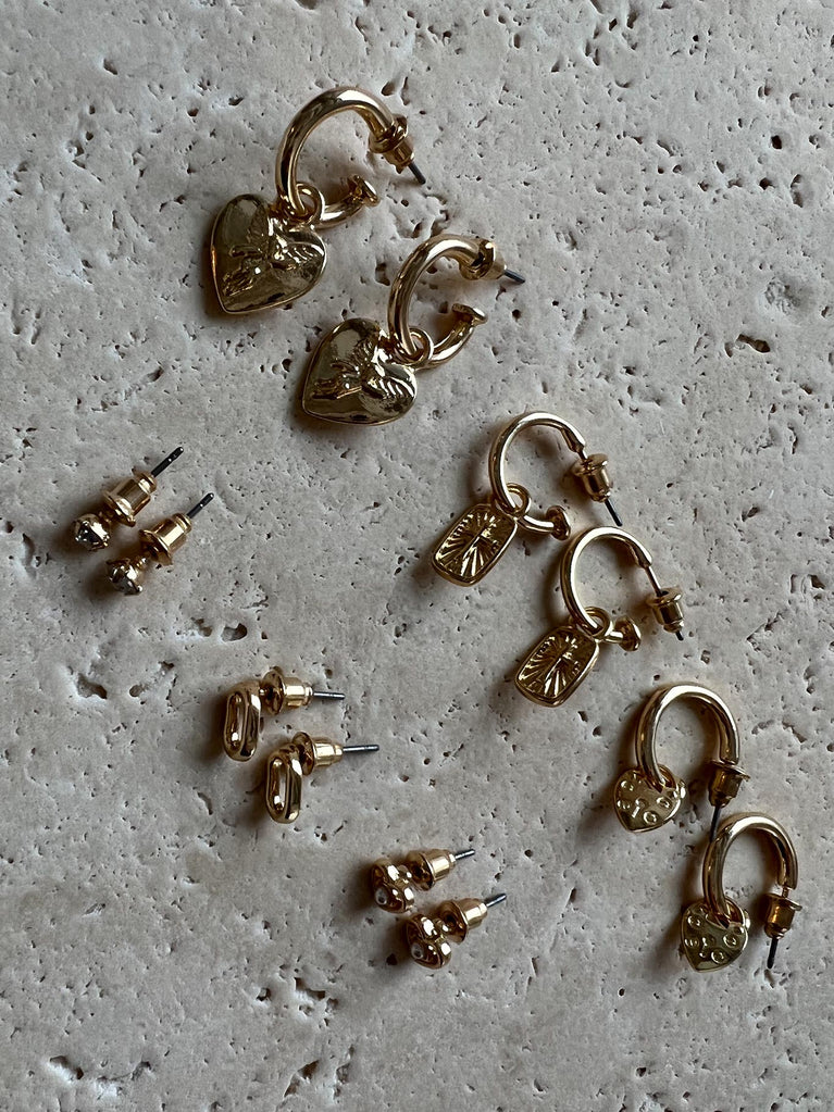 Gold Earrings Pack of six  Three hoop styles  Three stud styles  Drop charms 