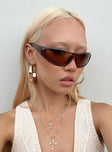 Sunglasses Wrap around design Light weight frame Brown tinted lenses Moulded nose bridge