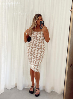 back view of model wearing Princess Polly Angelina Midi Dress Beige / White 