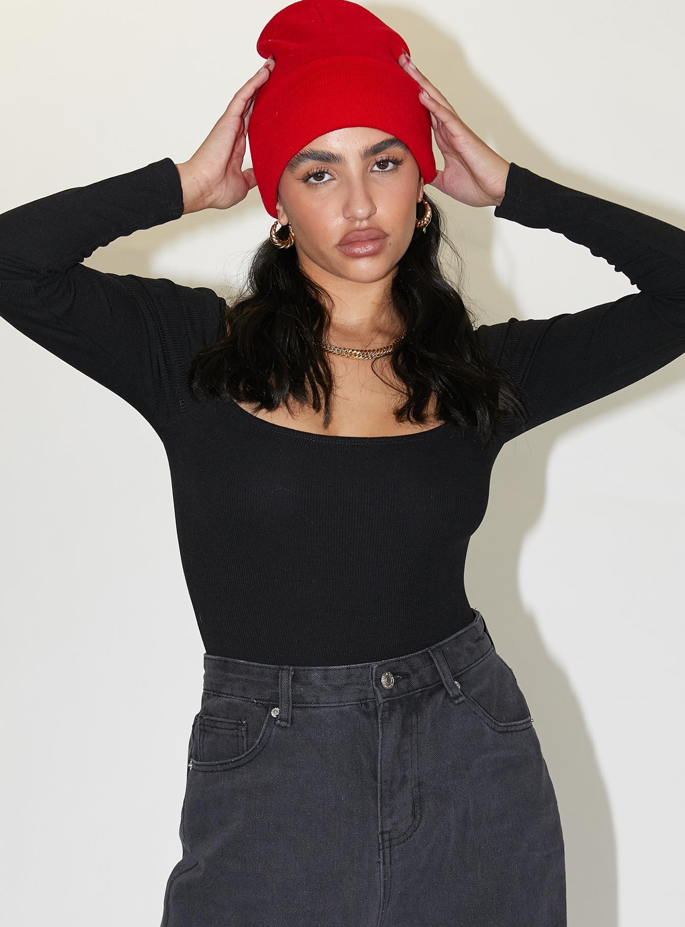 front view of model wearing Princess Polly Charlotte Bodysuit Black Tall Full Sleeves Square Neck 