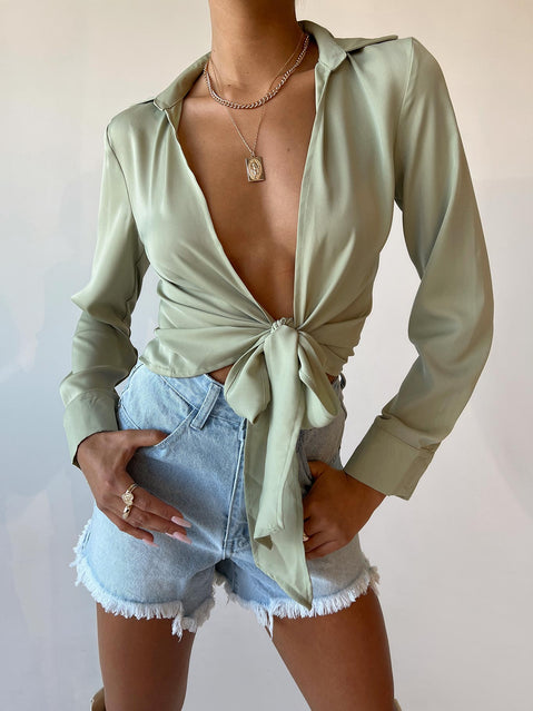 front view of model wearing Princess Polly Gonzalo Shirt Green 