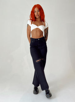 front view of model wearing Princess Polly Lugano Denim Jeans Black High Waisted 