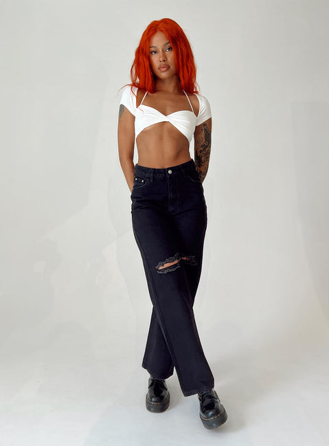front view of model wearing Princess Polly Lugano Denim Jeans Black High Waisted 