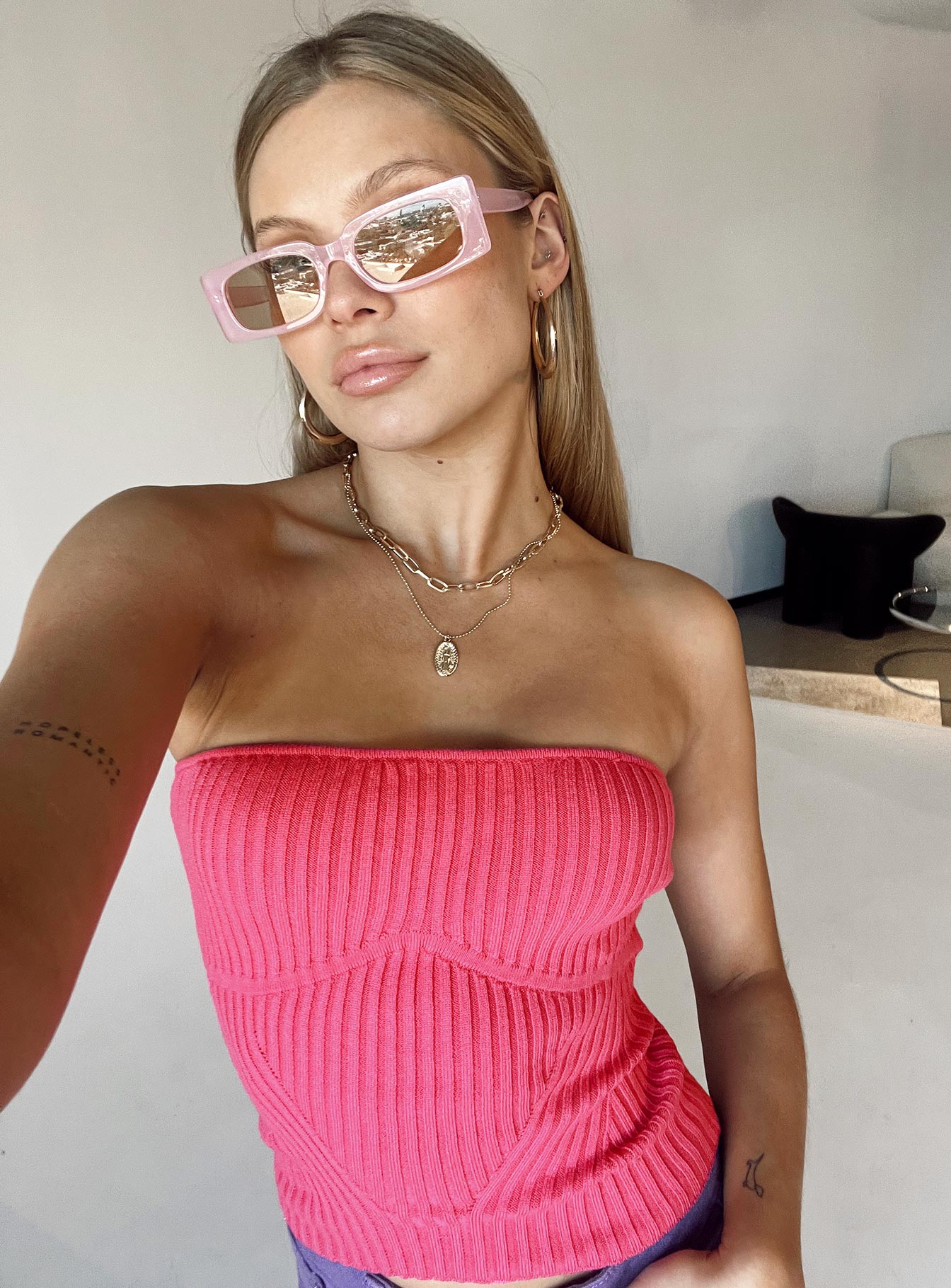 back view of model wearing Princess Polly Royce Strapless Top Pink 