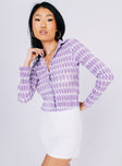 front view of model wearing Princess Polly Elody Long Sleeve Top Purple Multi 