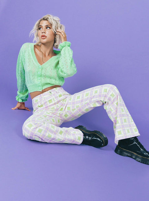 front view of model wearing Princess Polly The Ragged Priest Trail Denim Jeans Green Check Mid Rise 