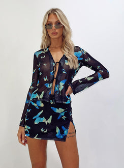   front view of model wearing Princess Polly Motel Niles Mini Skirt Butterfly Watercolour Black 