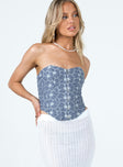 Front view of model wearing  front Princess Polly Sleeveless Sweetheart  In The Moment Strapless Top Blue / White