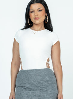 front view of model wearing Princess Polly Talbot Bodysuit Short Sleeves Crew Neck 