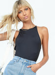 front view of model wearing Princess Polly Faithe Bodysuit Black Sleeveless High Neck 