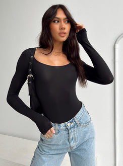 front view of model wearing Princess Polly Malllard Bodysuit Black Full Sleeves Scoop Neck 