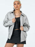 Grey bomber jacket Faux leather material Pointed collar Zip front fastening Twin hip pockets Elasticated waistband