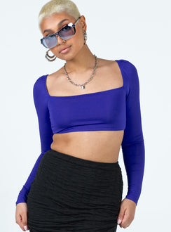 back view of model wearing Princess Polly Rogers Long Sleeve Top Blue Full Sleeves Square Neck 