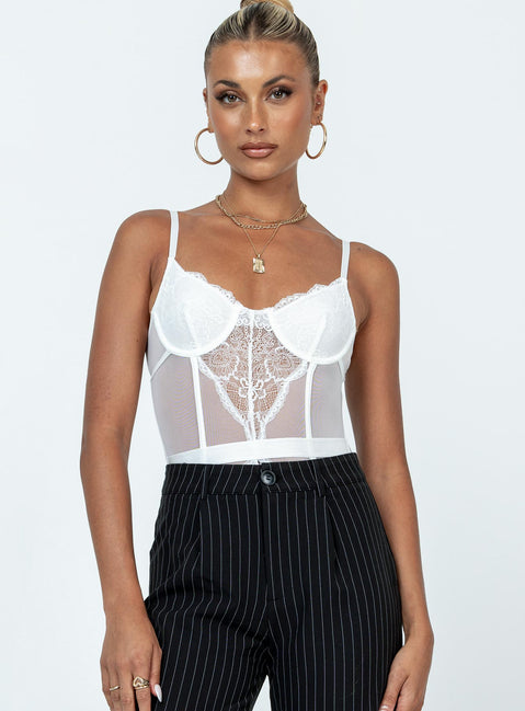 front view of model wearing Princess Polly Lutana Bodysuit White Sleeveless Sweetheart 