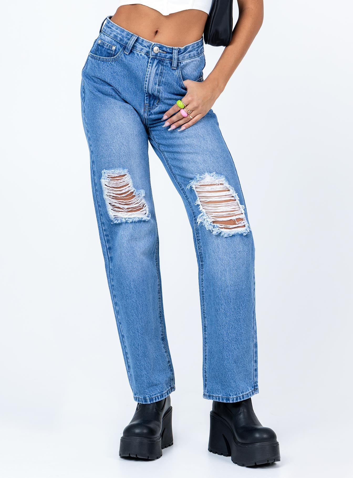 front view of model wearing Princess Polly Brighton Denim Jeans Mid Rise 
