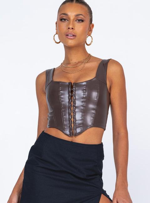 front view of model wearing Princess Polly Tatum Top Brown 