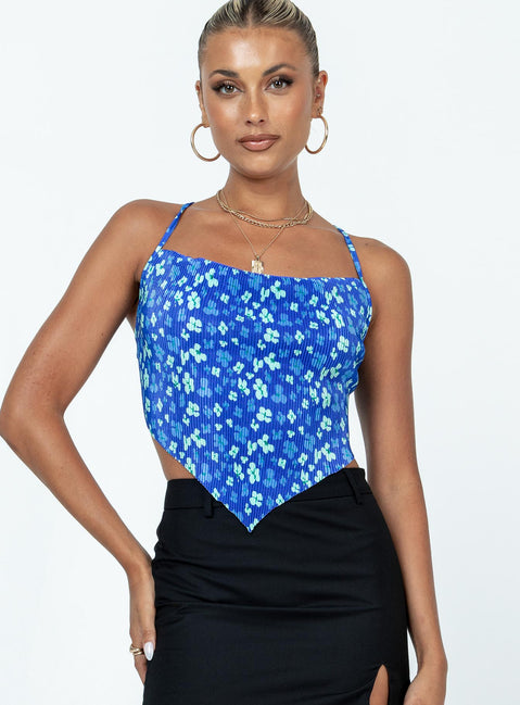 Front view of model wearing  front Princess Polly Sleeveless Sweetheart  Julia Plisse Top Blue Floral