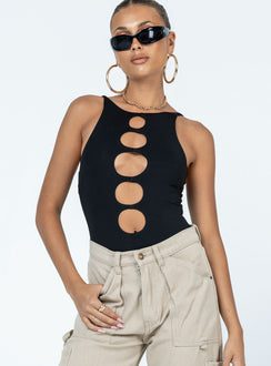 front view of model wearing Princess Polly Nash Bodysuit Black Sleeveless Crew Neck 