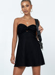 Front view of model wearing  front Princess Polly Asymmetric Neckline  Falling For You Mini Dress Black