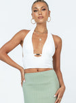Crop top Princess Polly Exclusive   Slim fitting Main: 92% polyester 8% elastane Lining: 95% polyester 5% elastane Halter neck Plunging neckline Gold-toned bar at bust Exposed back