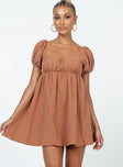 Front view of model wearing  front Princess Polly Asymmetric Neckline  Let's Dance Mini Dress Brown