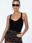 front view of model wearing Princess Polly Lenora Bodysuit Black Sleeveless Scoop Neck 