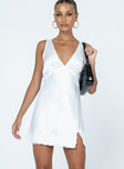 Front view of model wearing  front Princess Polly Asymmetric Neckline  Athenia Mini Dress White