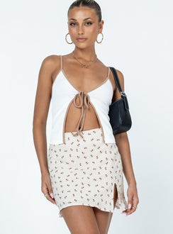  front view of model wearing Princess Polly Kerri Mini Skirt Cream Floral Mini Skirts 