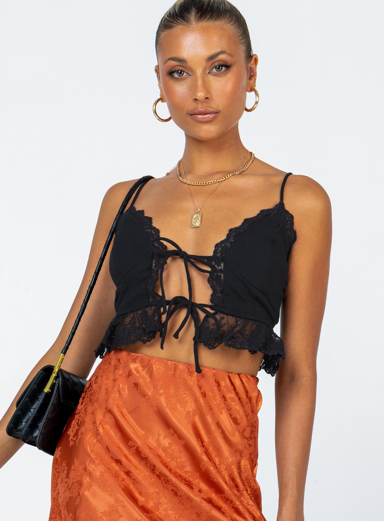 front view of model wearing Princess Polly Arie Top Black 