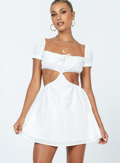 Front view of model wearing  front Princess Polly Square Neck  Solice Mini Dress White