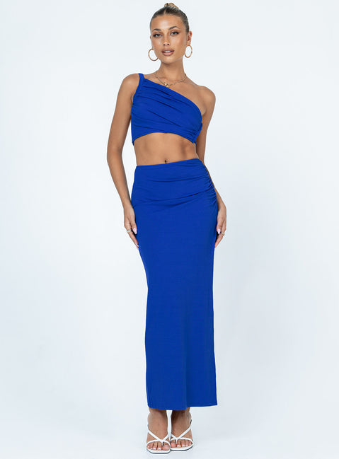 Matching set Ribbed material  One shoulder crop top  Back tie fastening  High waisted midi skirt  Ruched side