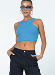 front view of model wearing Princess Polly Karli Top Blue Sleeveless Crew Neck 