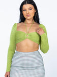 front view of model wearing Princess Polly Loriella Ring Detail Long Sleeve Top Green 