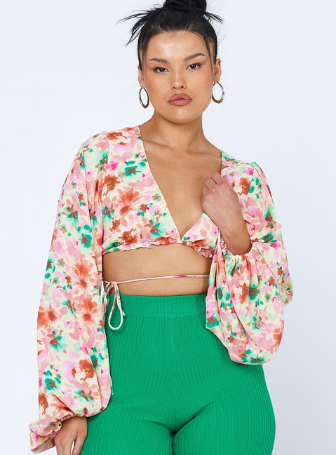 front view of model wearing Princess Polly Antonio Long Sleeve Top Pink Floral 