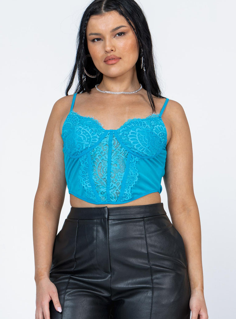 front view of model wearing Princess Polly Belara Top Blue Sleeveless Sweetheart 