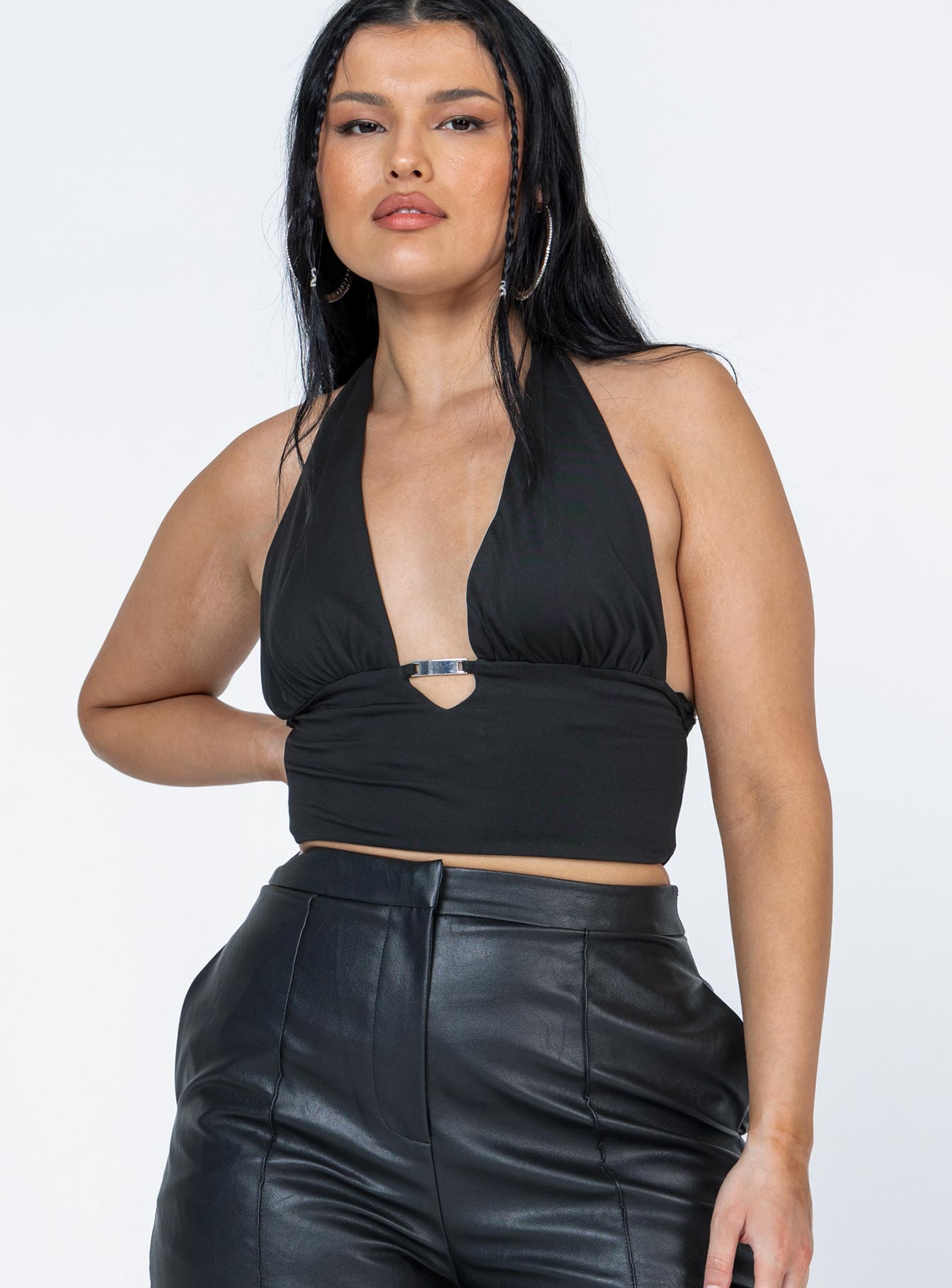 front view of model wearing Princess Polly Duke Top Black Sleeveless Plunger 