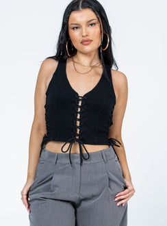 front view of model wearing Princess Polly Walker Top Black Sleeveless Scoop Neck 