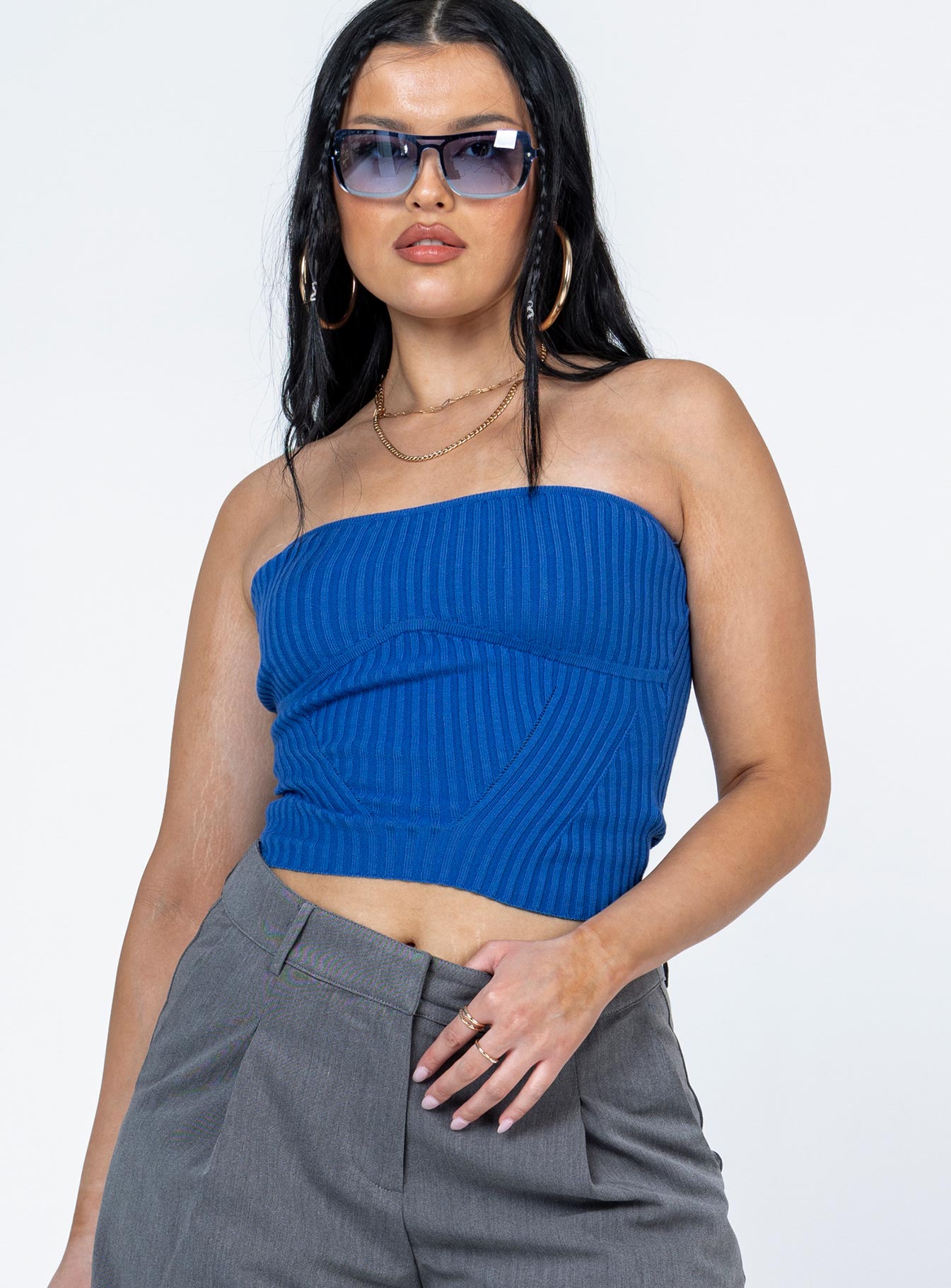 front view of model wearing Princess Polly Royce Strapless Top Blue Sleeveless 