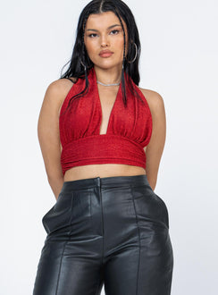 front view of model wearing Princess Polly Jordy Top Red Glitter Sleeveless Plunger 