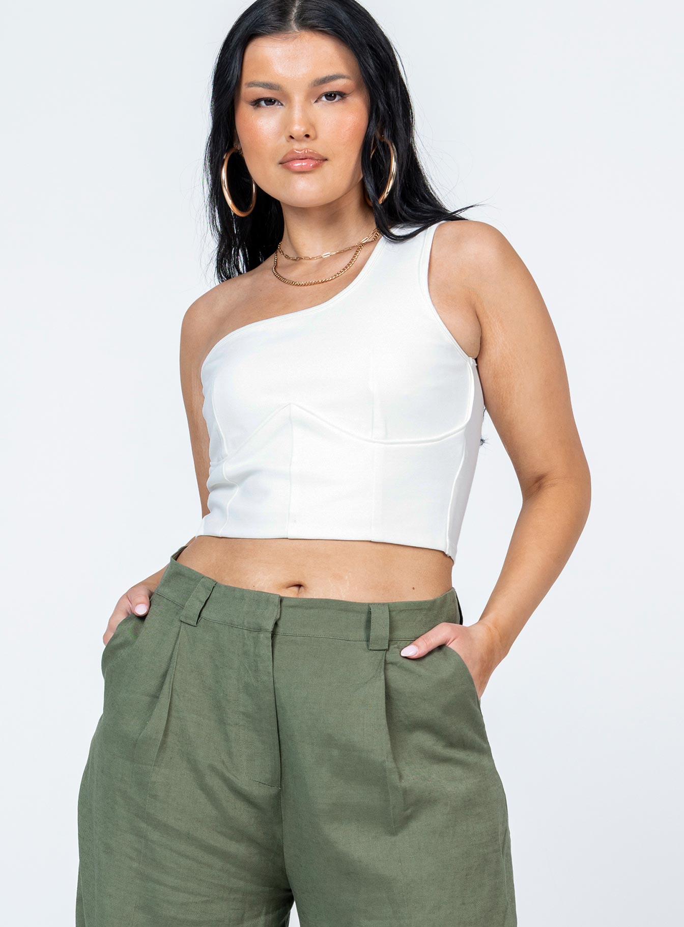 front view of model wearing Princess Polly Meranti Top White Sleeveless Asymmetric Neckline 