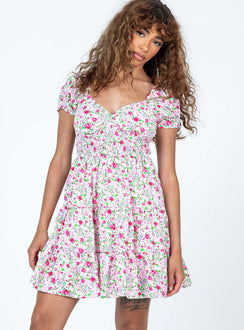 front view of model wearing Princess Polly Daniela Mini Dress Floral Sweetheart Neckline 