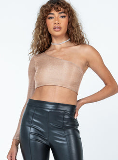 front view of model wearing Princess Polly Leroy Long Sleeve Top Beige Full Sleeves Asymmetric Neckline 