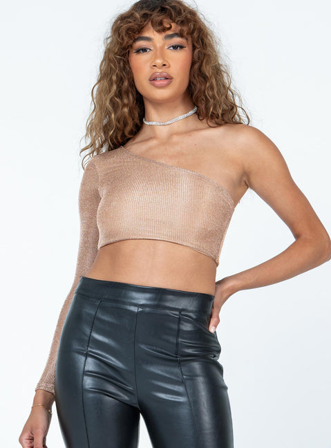 front view of model wearing Princess Polly Leroy Long Sleeve Top Beige Full Sleeves Asymmetric Neckline 