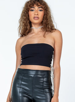 front view of model wearing Princess Polly Idaho Strapless Top Black Sleeveless Square Neck 