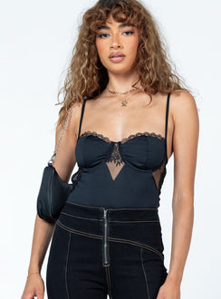 front view of model wearing Princess Polly Passion Bodysuit Black Sleeveless Sweetheart 