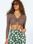 front view of model wearing Princess Polly Darbie Long Sleeve Top Brown Full Sleeves V-Neck 