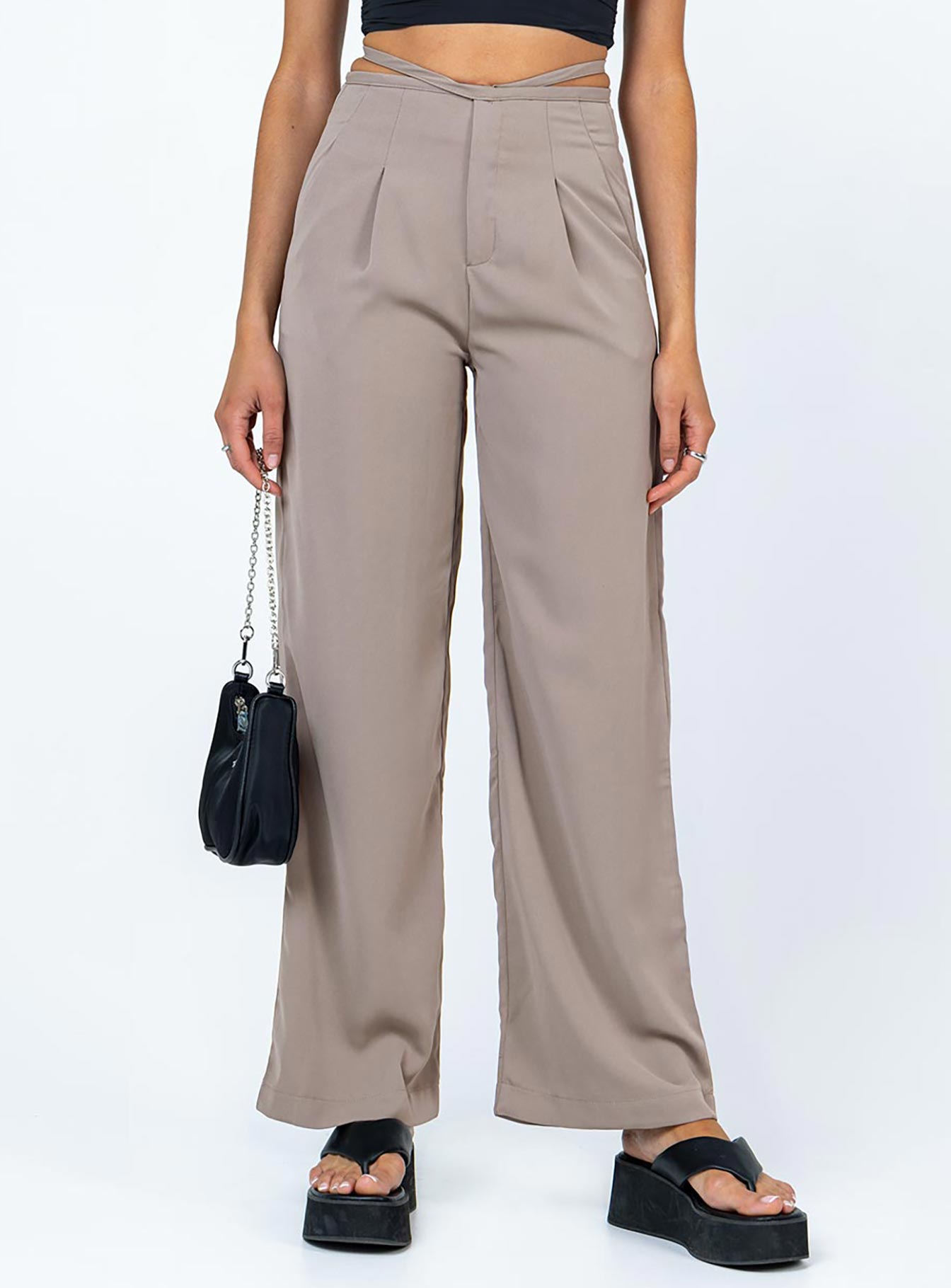 front view of model wearing Princess Polly Rodney Pants Beige 