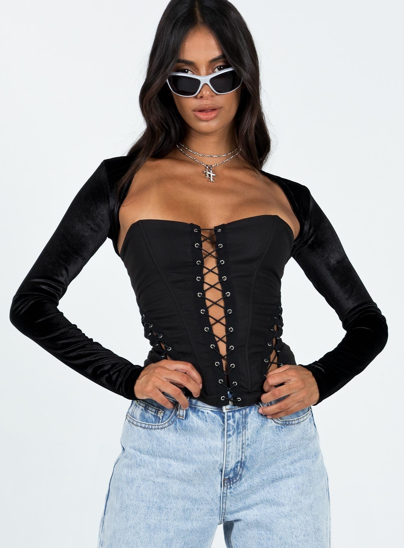 product Princess Polly Full Sleeves Plunger  Doreene Velour Bolero Black