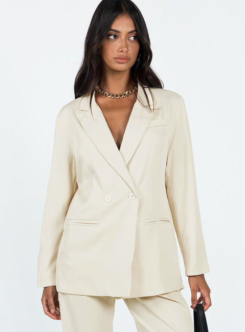 Blazer Silky material  Lapel collar  Double-breasted  Twin hip pockets  Non-stretch 