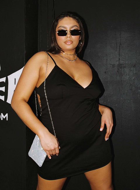 front view of model wearing Princess Polly VIP Chain Mini Dress Black Curve 